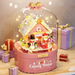 COZYARD DIY 레고호환 크리스마스 오르골 자동눈날림 LED 무드등, 핑크색 캔디 하우스