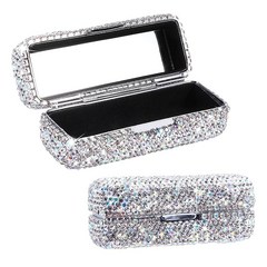 Homfanseec 거울이 있는 라인스톤 립스틱 케이스 반짝이는 크리스탈 다이아몬드 메이크업 화장품 보관 상자 홀더 지갑 여성용 패션용(실버 색상), 1개