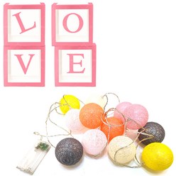 파티쇼 풍선 선물박스 LOVE + LED 코튼 볼 라이트 세트, 핑크(박스), 베이비파스텔(라이트), 1세트