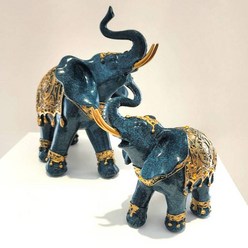 쿠칭아일랜드 재물 수북 푸른 코끼리 장식품 2종 세트, 블루