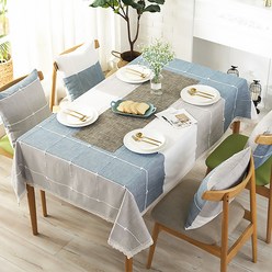 알럽홈 라인 컬러 포인트 패브릭린넨 식탁보, 레이스블루, 100 x 140 cm