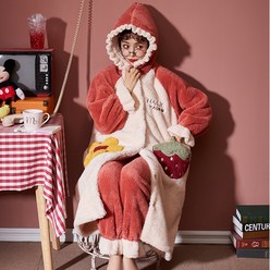 ANYOU 겨울 여성 파자마 러블리 딸기 잠옷 프릴 빅사이즈 홈웨어 원피스잠옷 기모 코트