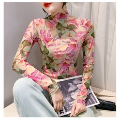 미미투 BT2100 여성 핑크꽃무늬 긴팔티셔츠 스판소재 쫄티 타이트핏 데일리 미시룩