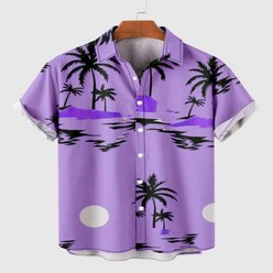 하와이셔츠 남성용 코코넛 나무 선셋 프린트 해변 만화 패턴 여름 휴가 캐주얼 의류 반팔
