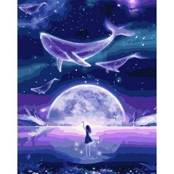 지산 명화그리기 50 X 40 cm 캔버스형 DIY 세트 유화, KF18 밤하늘 소녀와 고래들