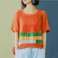 여성 여름 배색 반팔티 라운드넥 루즈핏 티셔츠 뱃살커버 SFW0421027