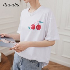 나바바 NT324 여성 러블리 체리 프린트 반팔 티셔츠