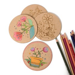 6개 나무컵받침 만들기 원형 가을꽃 도안 색칠 장식품 취미 미술재료 어린이집 집콕놀이