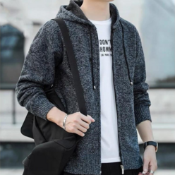 ANYOU 남성 캐주얼 기모 집업 후드 니트 가디건 기본핏 배색 패션 니트 스웨터