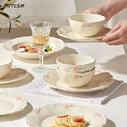 CNTCSM 싱그러운 귀여운 그릇 세트 그릇 수저 가정용 1인용 식기 도자기 밥그릇 2022 면그릇, 플라워-8인치 플랫