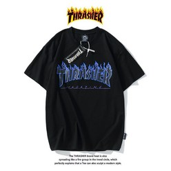 Thrasher T-shirt 트레셔 플레임 로고 여름철 순면 반팔 청색 불길-검정색