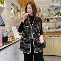 FANSYLI 패션 블랙 트위드 베스트 여성 봄가을 진주 버튼 정장 베스트 캐주얼 날씬해 보이는 민소매 나시 X7J26