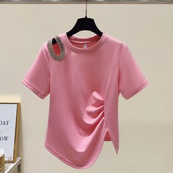 여름 여성 큐빅 레터링 허리 트임 반팔 티셔츠 women's T-shirt 하늘비즈 A25 N934Z666