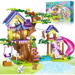 HOGO키즈 LED 조명이 있는 트리 하우스 빌딩 장난감 - 슬라이드가 포함된 751 PCS 블록 세트 스윙 동물 어린이를 위한 우정 숲의 집 소녀 소년 연령 6 7 8 9 10, 나무 위의 집