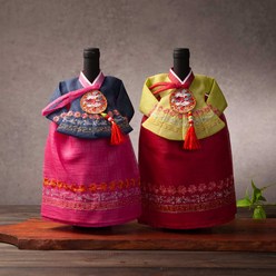 하마공방 고급 모시 한국 전통한복 와인커버(술병주머니), 1개, 연두/빨간색