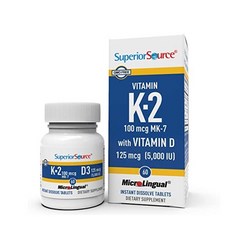 Superior Source K2 (MK-7) 100 mcg with D3 (5000 IU) Supplement Quick Dissolve Sublingual Tablets 60 Count Strengthen Bones Cardiovascular Immune Syste, 1개
