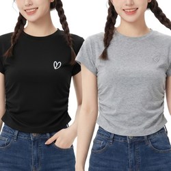 바이로이 여성 여름 모달 하트 자수 셔링 크롭 반팔티