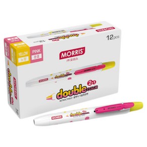 모리스 노크식 더블칼라 2 in 1형광펜, 노랑 + 핑크, 12개