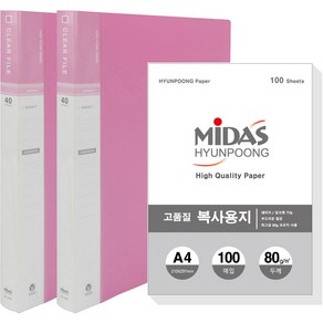 현풍 40매 비보 클리어화일 인덱스 A4 2p + 복사지 100p 세트, 분홍색, 1세트