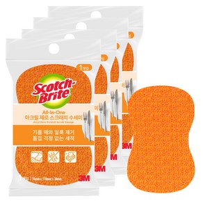 3M 스카치브라이트 올인원 아크릴 제로 스크래치 수세미, 1개, 4개
