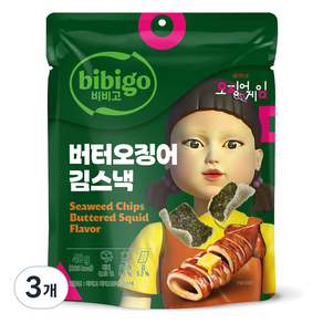 비비고 버터오징어 김스낵, 3개, 40g