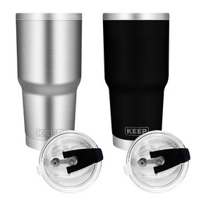 KEEP 대용량 이중 진공 스텐 보온 보냉 밀폐형 빨대 뚜껑 텀블러 2p, 실버, 블랙, 900ml, 2개