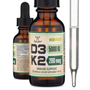 Double Wood 비타민 D3 K2 5 000 IU 액체 드롭 (D3 5 000 IU 및 99.9% 200mcg All-Tans 특허 K2 MK-7 (K2Vital)) 최대, 30ml, 1개