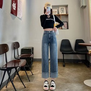 쁘띠꼬모 여성 세미 일자 청바지 하이웨스트 허리밴딩 청바지 W 550537