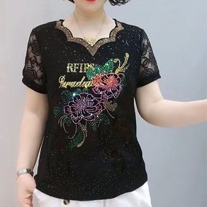 ROYALBELLE 중년 여성 고급 레이스 스팽글 반팔 패션 데일리 우아한 엄마옷 티셔츠 K031428