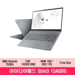 레노버 2023 아이디어패드 슬림 3 15ABR8 라이젠5 라이젠 7000 시리즈, Actic Gey, 1TB, 16GB, Fee DOS, 82XM00FMKR