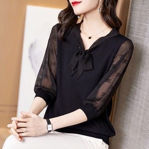 ROYALBELLE 여성 시스루 쉬폰 플라우스 단색 펀칭 7부 배샛커버 셔츠 U0030716