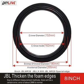 DIYLIVE 6.5-10인치 서브우퍼 스피커 수리 액세서리 폼 엣지 접이식 링 서브우퍼(155~225mm), 8INCH-JBL205mm, 1 조각