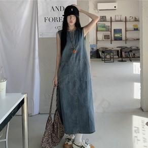 POMTOR 여성 루즈핏 캐주얼 민소매 데님 원피스