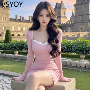 vsyoy 디자인 센스 핑크 스퀘어 칼라 긴 소매 원피스 가을과 겨울 새로운 부드러운 높은 우아한 슬림 핏 힙합 스커트