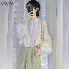 vsyoy 이른 가을 프랑스 틈새 세련된 긴 소매 재킷 패션 외국 스타일 한국 세련된 흰색 셔츠 여성의 얇은