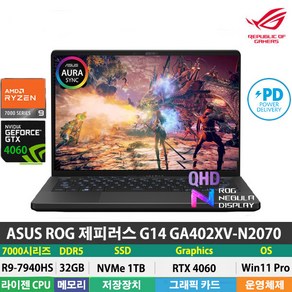 (당일발송) ASUS ROG 제피러스 G14 GA402XV-N2070 R9-7940HS/RTX4060/DDR5 32GB/NVMe 1TB/Win11Pro/게이밍