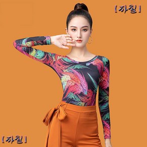 여성 라인댄스복 라틴댄스 탑 트레이닝 연습복 무대 반팔 긴팔 7부소매 패턴 의상 줌바, 플라워 긴팔, L