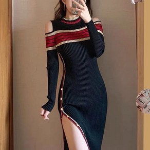 여성 라운드넥 스판 어깨트임 옆트임 단추 원피스 women's casual dress 하늘비즈 C11 V702K980