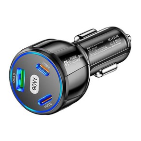 멀티 90W 3포트 PD QC 3.0 듀얼 C타입 USB 차량용 고속 충전기, 블랙