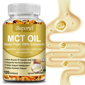 Buporai MCT 오일 - 1회 제공량당 3000mg - 100% 유기농 코코넛으로 제조 - GMO 없음 냉압착 - 집중력과 장 건강에 좋음