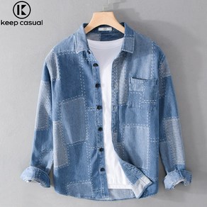 Keep Casual 남성 트렌드 패션 긴팔 데님 셔츠 컴포트 유스캐주얼 면 셔츠 코트 남