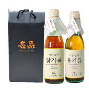 요맛애 저온압착 참기름+들기름 350ml 2개번들 선물세트 통참깨 100% 방앗간, 2개