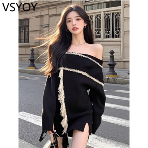 vsyoy [긴팔 디자인] 검은 색 오프 숄더 스웨터 원피스 여성 가을 프랑스 기질 절묘한 느슨한 슬림 기질 스커트