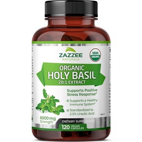 Zazzee USDA 유기농 홀리 바질 20:1 추출물 강도 6000mg 우르솔산 2.5% 비건 캡슐 120개 4개월 분량 농축 및 표준화된 툴시 추출물 20개 100%