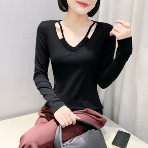 댄스복 상의 여성용 브이넥 순면 비즈 슬림 긴팔 티 Women's T-shirt 뉴타임즈 B129R437