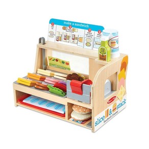 Melissa & Doug 나무 조각 및 스택 샌드위치 카운터 56개 조각 놀이 음식 델리 슬라이서 포함 165171