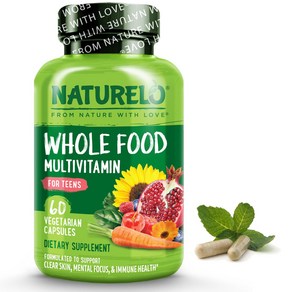 NATURELO Whole Food Multivitamin fo Teens - Vitam 청소년을 위한 NATURELO Whole Food 종합비타민 - 십대 소년과 소녀를 위한, Unflavoed, 60 Count (Pack of 1), 1개, 60정