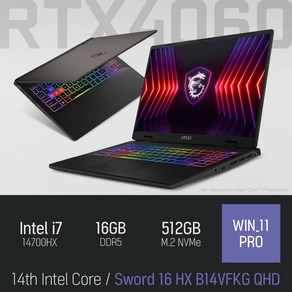 MSI 소드 16 HX B14VFKG QHD, WIN11 Po, 16GB, 512GB, 블랙