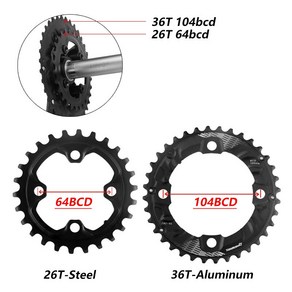 PROWHEEL 64/104BCD 체인링 26/28T 36/38T 산악 자전거용 스틸 알루미늄 4 발톱 10/11 속도 체인휠 자전거 부품, 07 26T and 36T