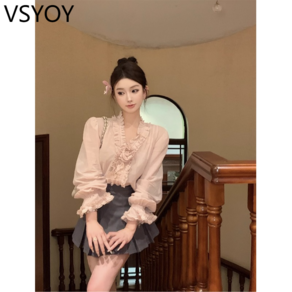 vsyoy 3 차원 장미 귀 테두리 V 넥 긴팔 셔츠 여성용 봄 프랑스 아름다운 느슨한 슬림 핏 탑